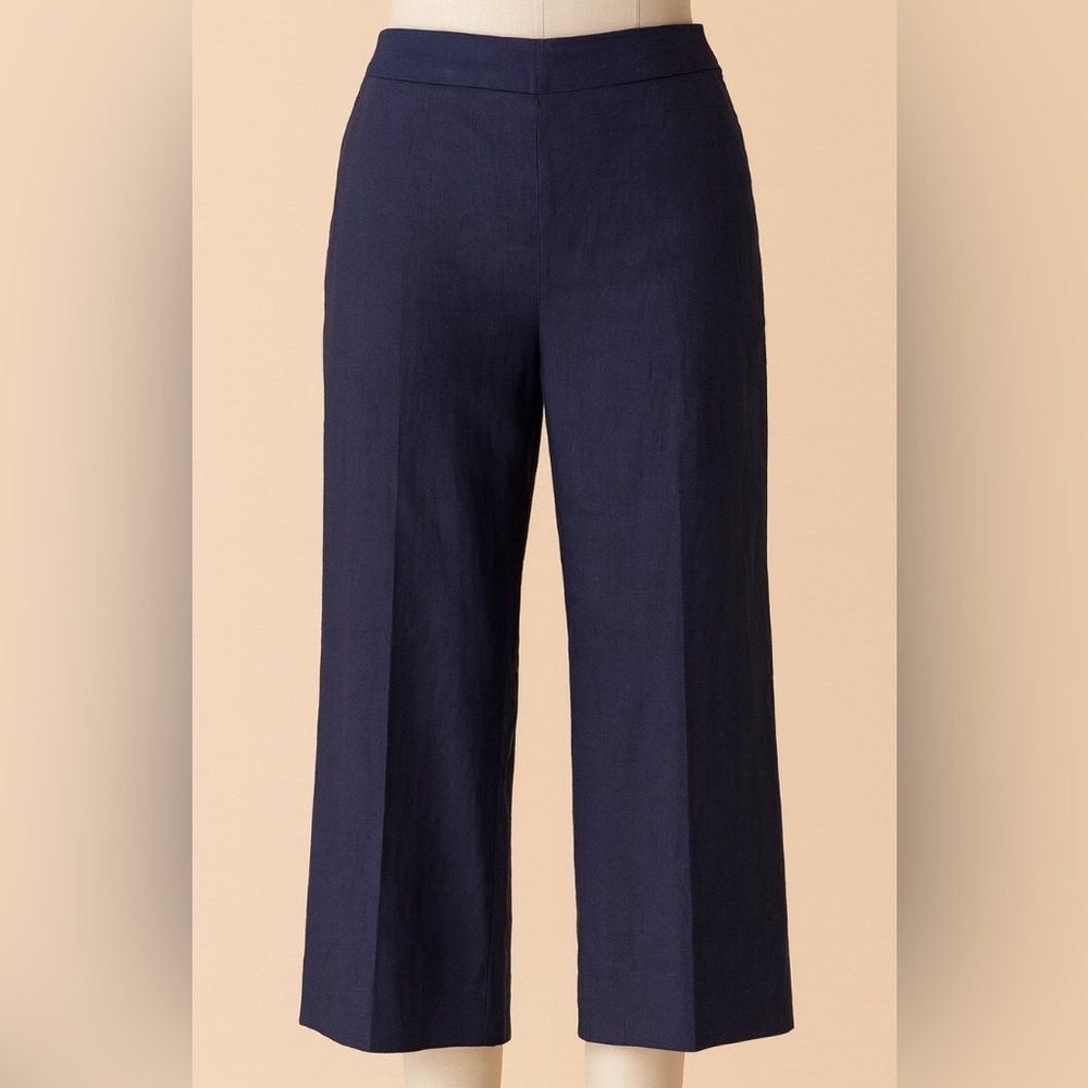 Vince Navy Linen Wide-leg Cropped Pants